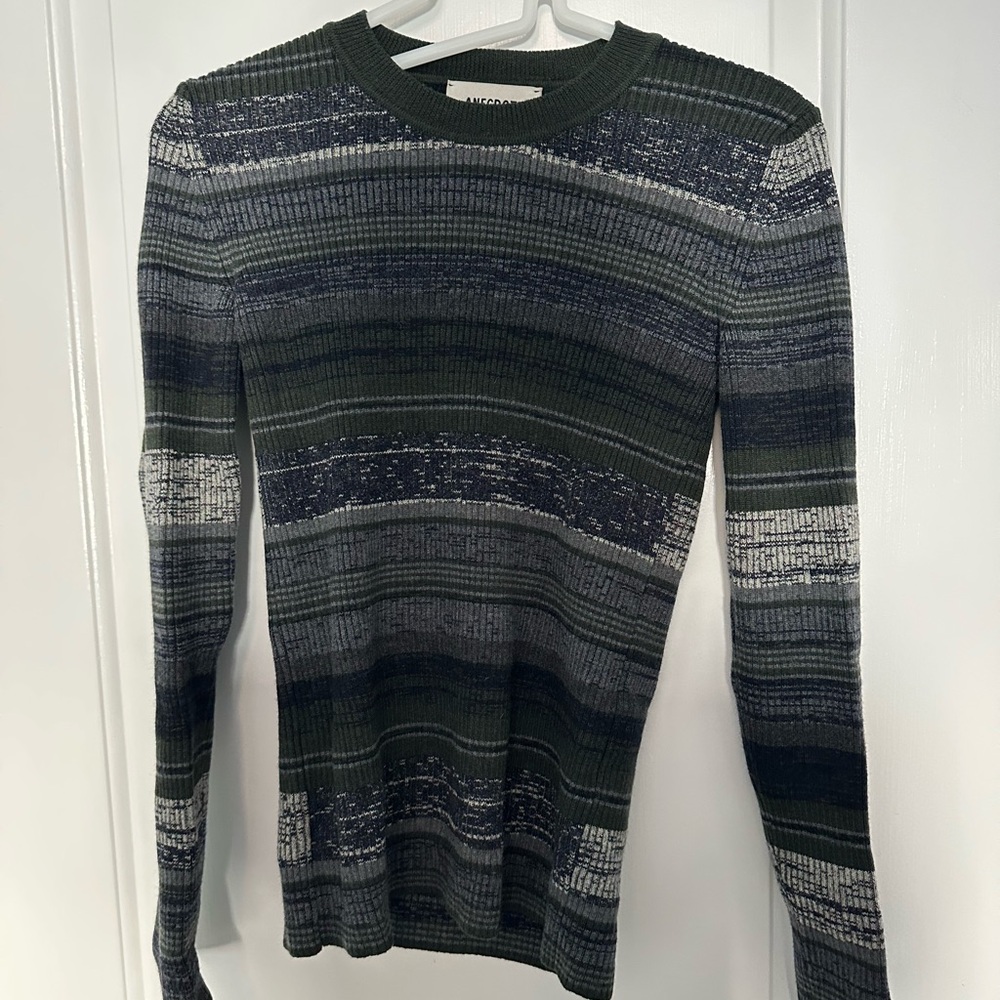 100% Merino Wool Green and Gray Striped Sweater